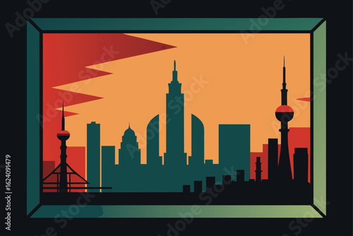 framed skyline art for editorial cover  .eps