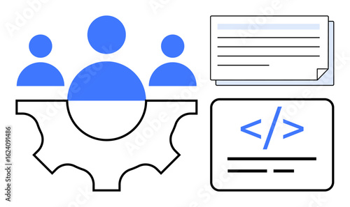 Team members on a gear symbolizing collaboration, documents for planning, and coding interface for development. Ideal for teamwork, project management, coding, workflow, collaboration, innovation
