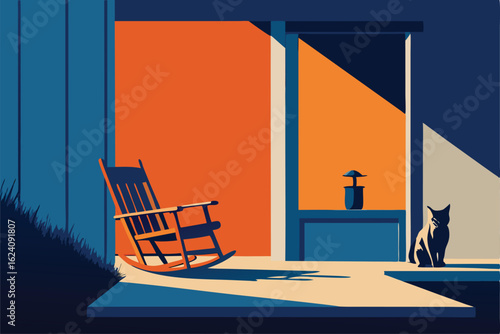 front porch vector scene with rocking chair and ca.eps