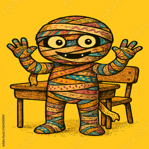 Colorful cartoon mummy with raised hands, standing cheerfully in a classroom, bright yellow background.