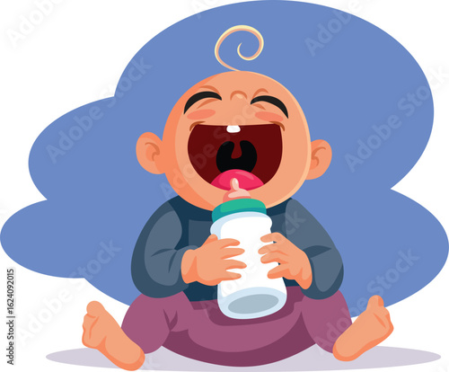 Happy Baby Holding a Milk Bottle Vector Cartoon Illustration. Cheerful baby self feeding with formula being nonindependent 
