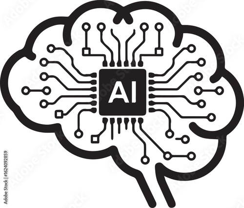 AI Brain Chip with Circuit Lines – Black and White Vector Illustration
