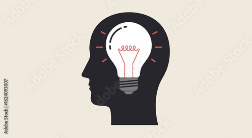 A lightbulb inside a human head silhouette symbolizes the emergence of an idea or inspiration. This image reflects creativity, intellectual potential, and innovation.