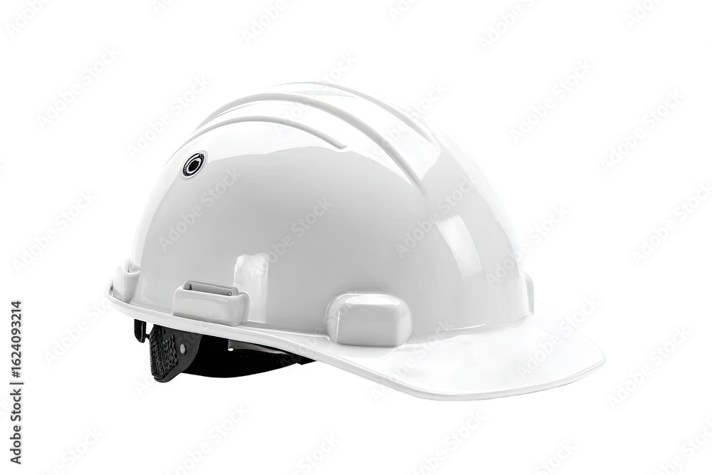 Fototapeta premium A glossy white safety helmet, angled view. Features a hard shell, adjustable features, and a protective visor