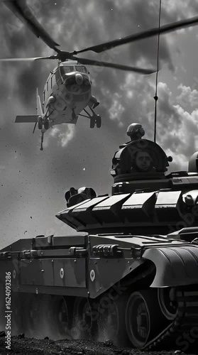 Helicopters soar over tanks