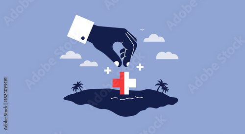 A hand is shown placing a red and white circle on a map, symbolizing the act of nurturing and planting ideas for future growth and development, potentially representing the idea of growth and sustaina