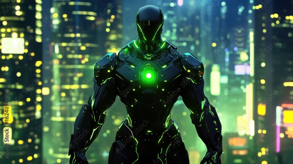 Fototapeta premium Futuristic robot in a neon city