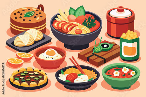 Delicious assortment of korean food dishes and desserts
