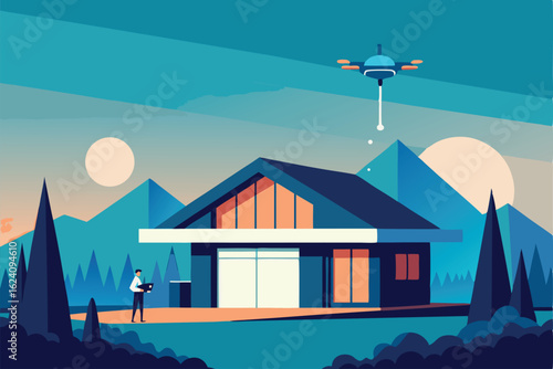 futuristic smart house with ai assistant and drone.eps
