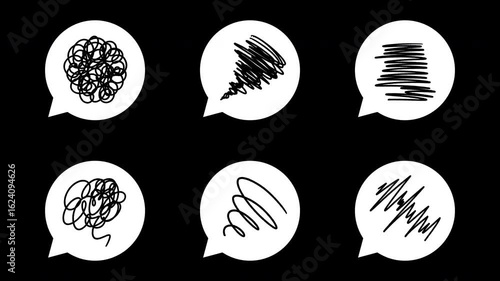Animated hand-drawn tangled line icons with callouts on white background and no background.