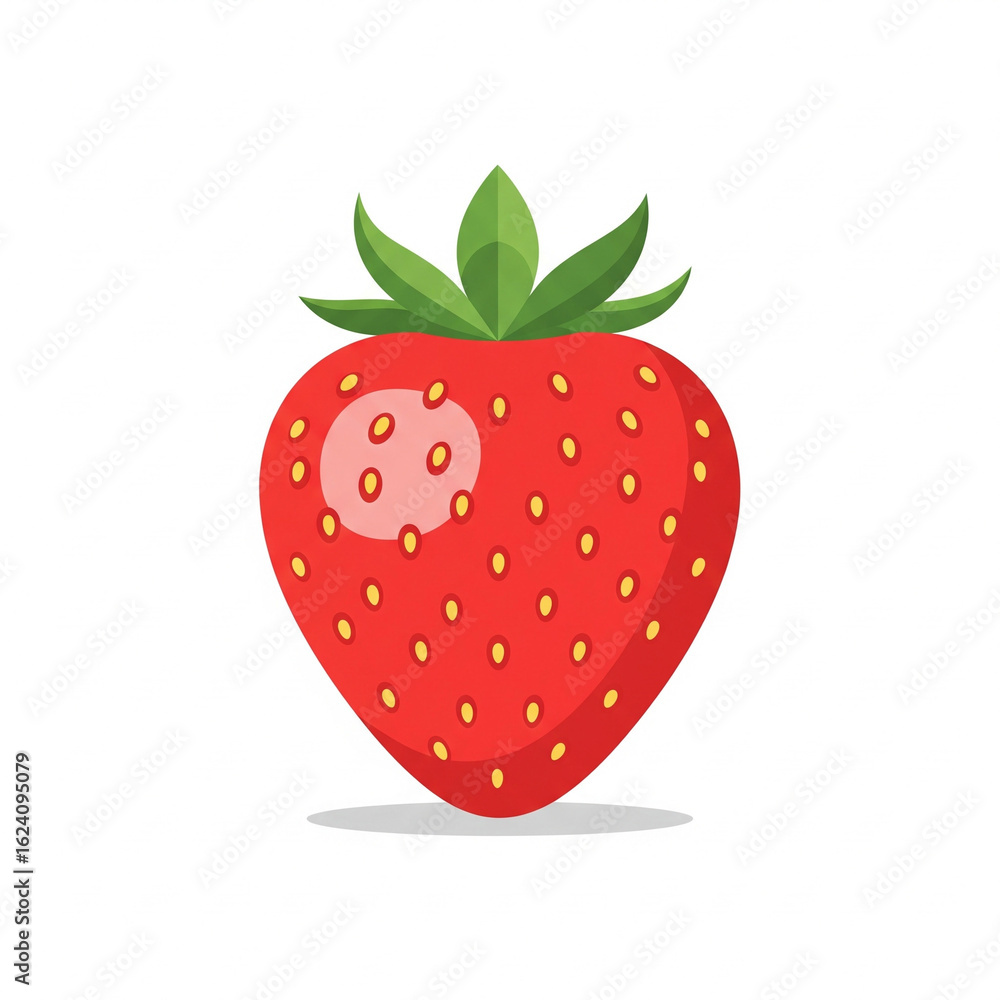Fototapeta premium Vibrant Strawberry Illustration: A single, ripe strawberry, showcasing its rich red hue, verdant green leaves, and characteristic speckled surface. A perfect representation of fresh, delicious fruit.