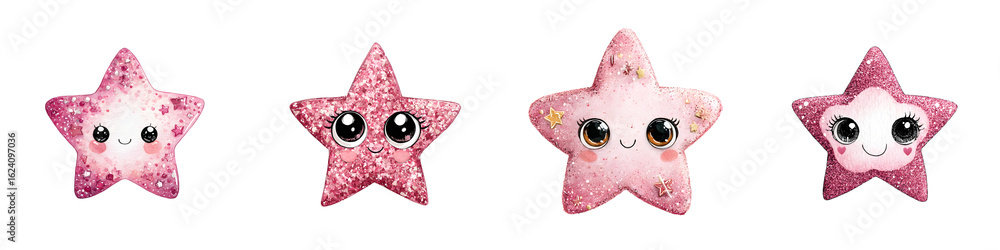 Obraz premium Cute Watercolor Star Characters Isolated on White