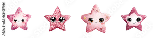 Cute Watercolor Star Characters Isolated on White