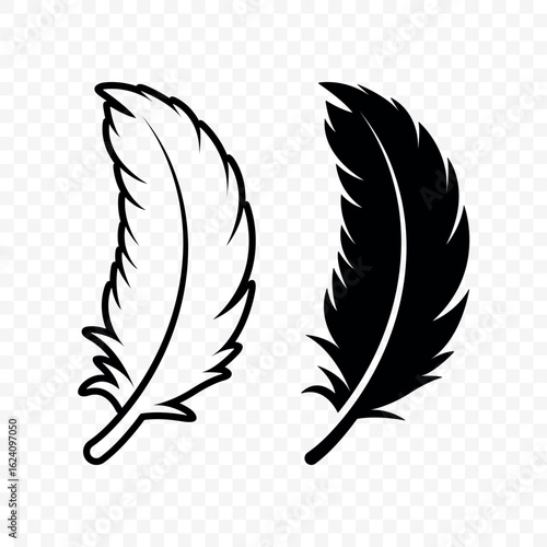 Vector Black and White Fluffy Feather Logo Icons. Silhouette Feather Set Closeup Isolated. Design Template of Flamingo, Angel, Bird Feather. Lightness and Freedom Concept