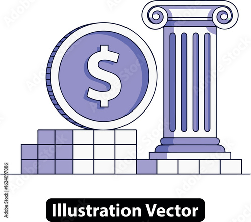 Illustration of financial stability and economic foundation with a dollar coin and pillar.
