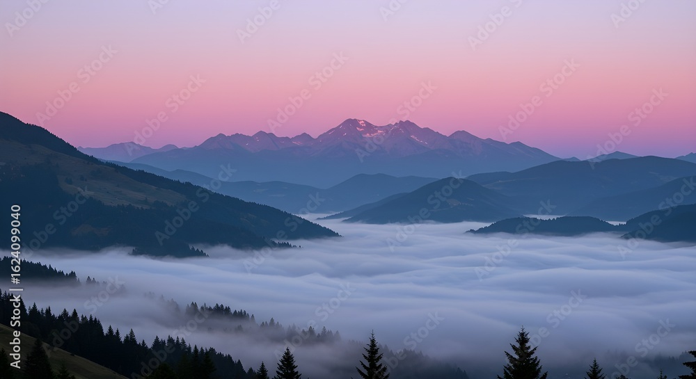 Fototapeta premium Majestic mountain range at dawn, shrouded in ethereal mist under a pink and blue sky providing a