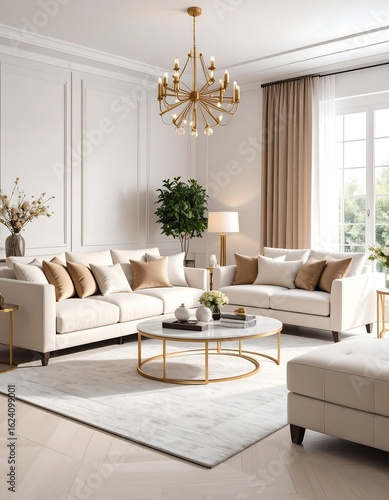 Elegant living room with neutral tones, plush sofas, a large chandelier, and gold accents