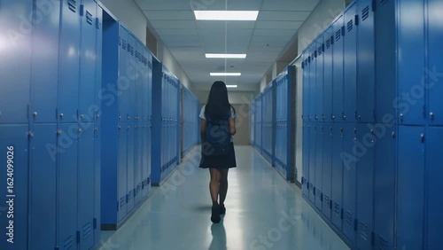 Teen student walks school hallway toward future, education concept, blue lockers, back view