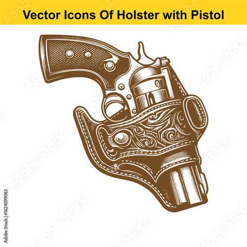 Black and White Vector Illustration of a Western Holster with Revolver Pistol