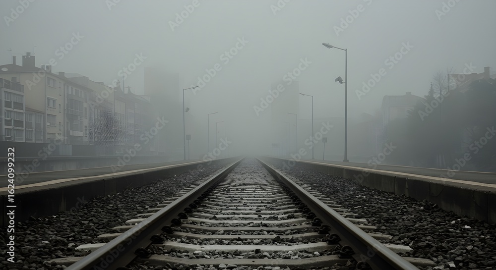 Obraz premium Eerie atmosphere of train tracks fading into the distance on a foggy and misty day suggesting