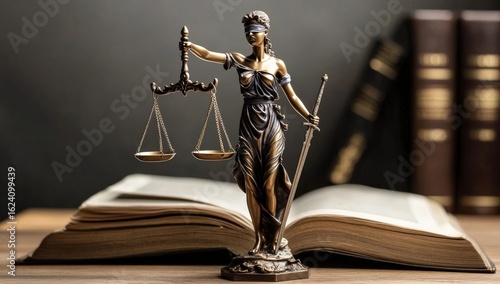 A bronze statue of Lady Justice holding scales stands before an open law book, symbolizing fairness and legal principles.