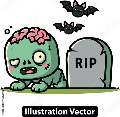A cute cartoon zombie crawling from a grave next to a tombstone with flying bats