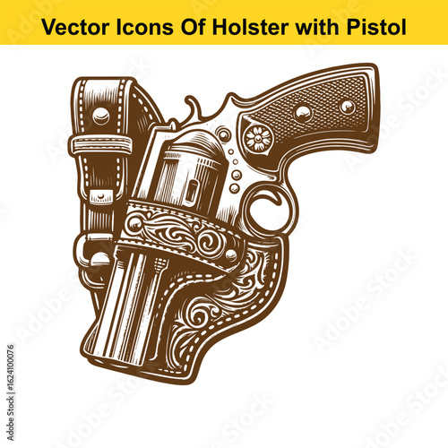 Black and White Vector Illustration of a Western Holster with Revolver Pistol