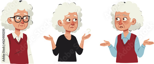 Confused elderly woman character with white hair showing questioning gestures and puzzled facial expressions in various emotional poses illustration