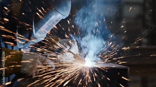 Intense welding sparks cascade during metal fabrication process in a manufacturing plant