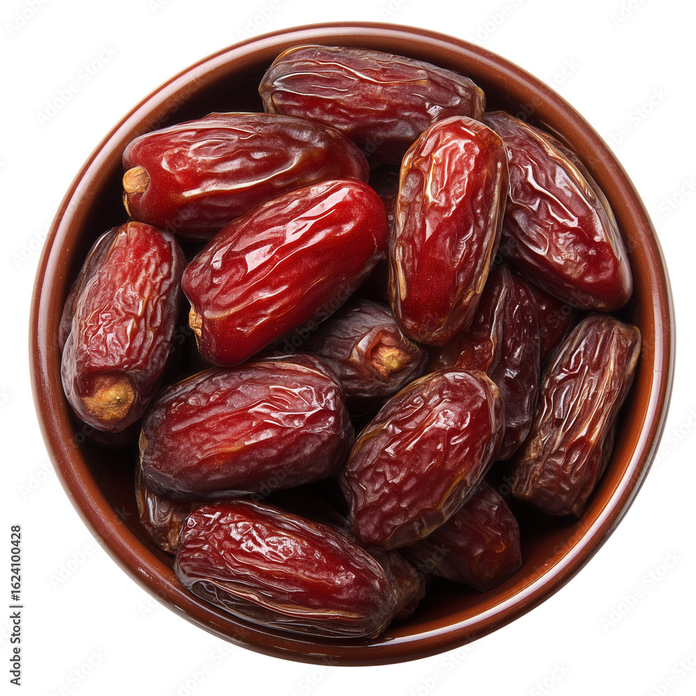 A detailed top view of a rustic brown ceramic bowl filled with sweet, dried date fruits, a healthy snack isolated. A detailed top view of a rustic brown ceramic bowl filled with sweet, dried date fruits, a healthy snack isolated.