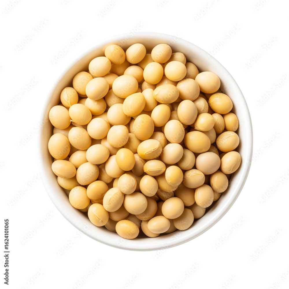 A clean top-down view of a white bowl filled with raw dried soybeans, a healthy and nutritious plant-based protein A clean top-down view of a white bowl filled with raw dried soybeans, a healthy and nutritious plant-based protein