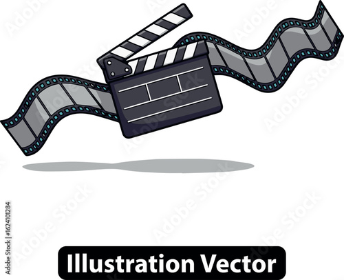 Cinema production concept with a movie clapperboard and a flowing film strip, vector art