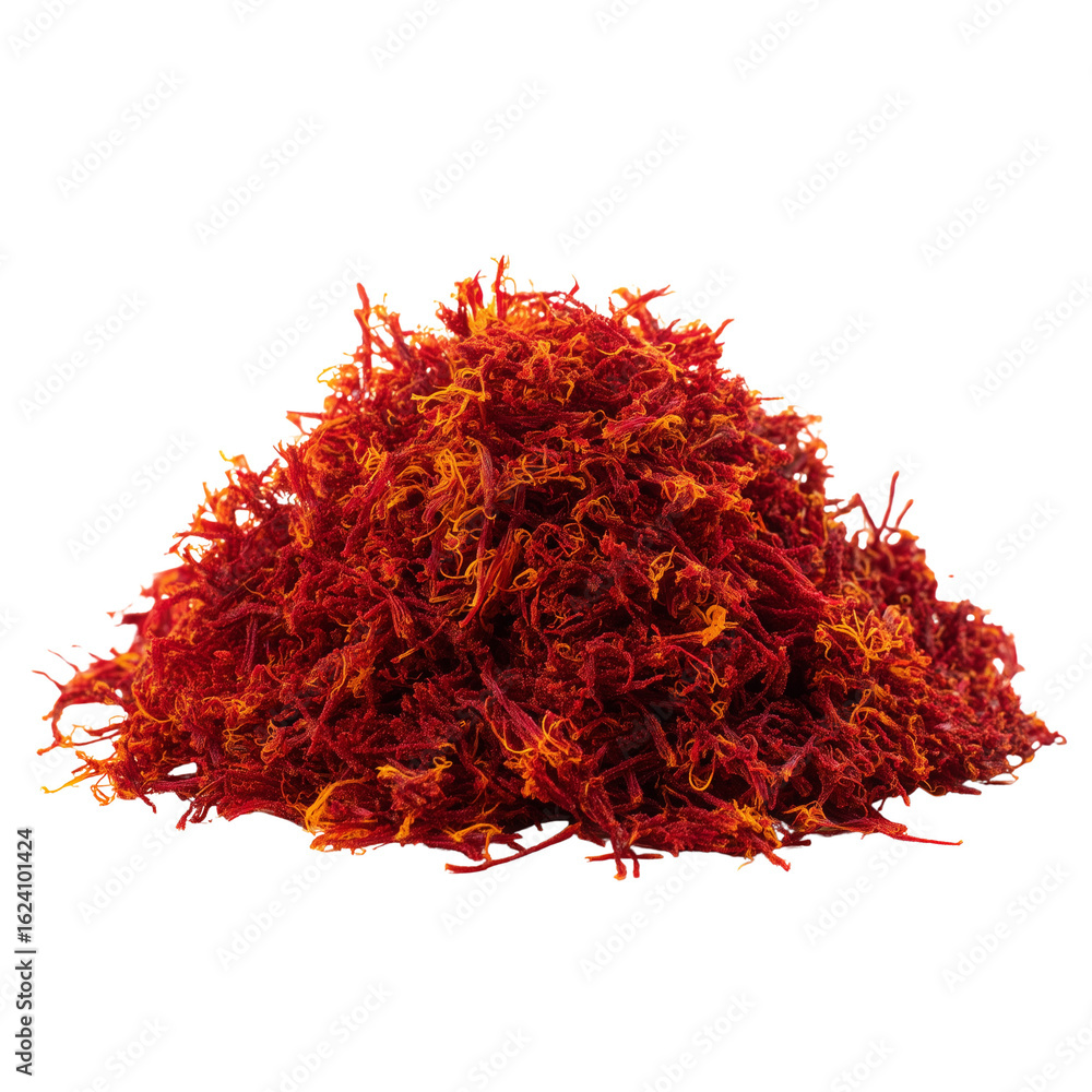 Fototapeta premium A vibrant pile of high-quality red saffron threads, an expensive and aromatic gourmet spice isolated on a white background