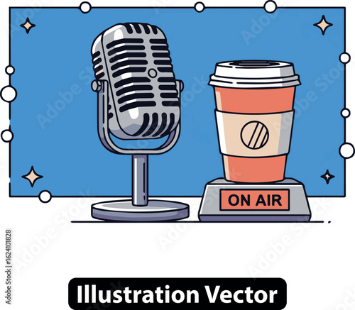Retro microphone and coffee cup for a live podcast or radio morning show broadcast concept