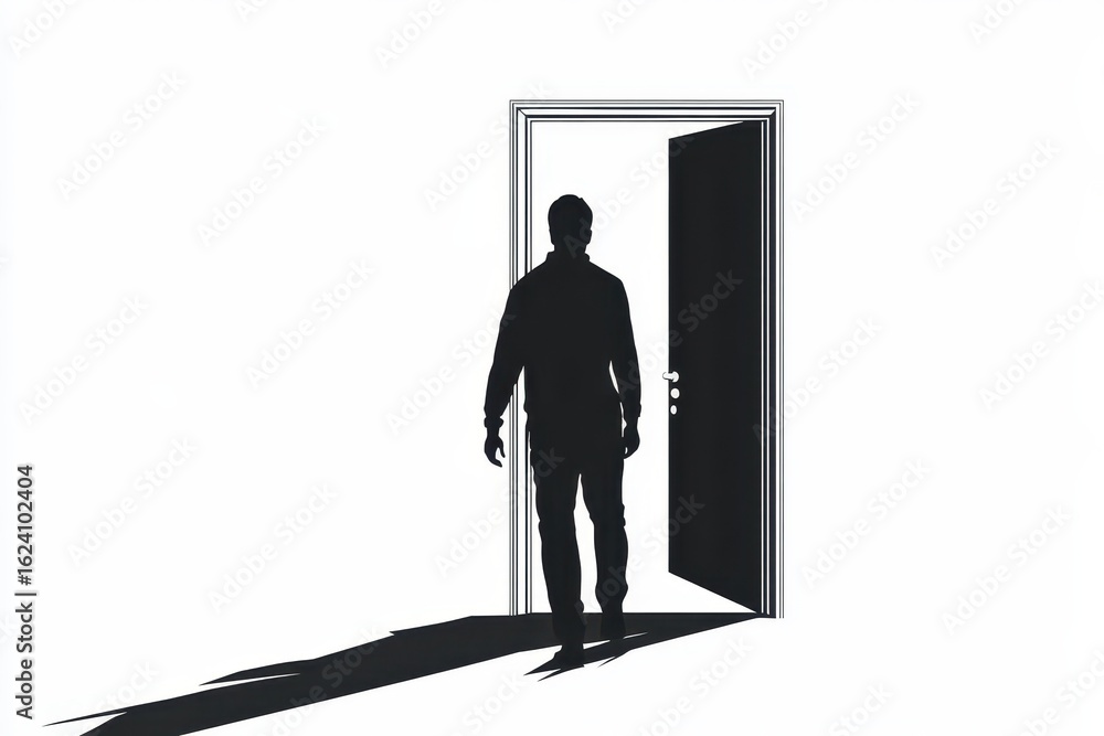 Fototapeta premium Man exiting door icon vector illustration isoleted on white background in black silhouette complex photo .