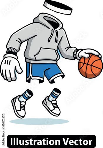 Cartoon illustration of a headless basketball player character wearing a hoodie and shorts