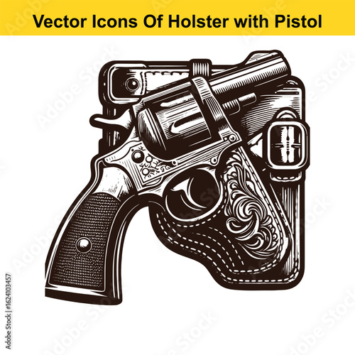 Black and White Vector Illustration of a Western Holster with Revolver Pistol