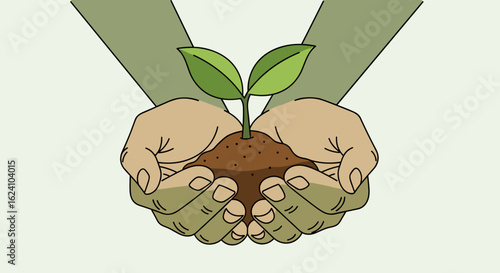 Illustration of hands holding a small plant with green leaves and brown soil on a light background