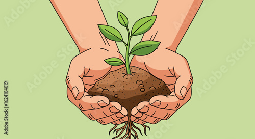 Illustration of hands holding soil with a small plant growing out of it against a light green background