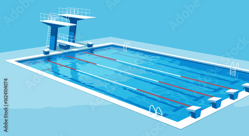 Illustration of a swimming pool with diving boards and lane markers in a light blue color scheme