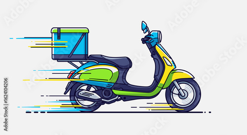 Illustration of a colorful delivery scooter with a box speeding with motion lines on a white background