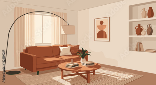Cozy living room with a brown sofa, round coffee table, floor lamp, and decorative wall art displayed