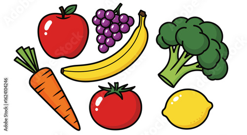 Illustration of a variety of fresh fruits and vegetables including apple banana broccoli and tomato group