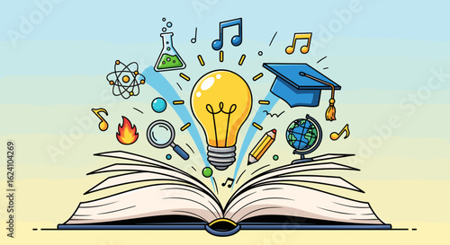 Open book with lightbulb and science symbols representing knowledge and education concept illustration