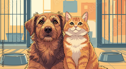 Illustration of a brown dog and an orange tabby cat sitting together in a shelter environment looking forward