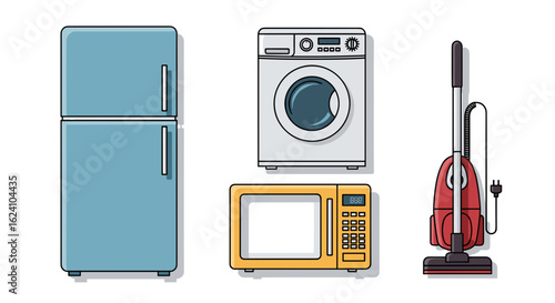 Illustration of refrigerator washing machine microwave and vacuum cleaner aligned together on white background