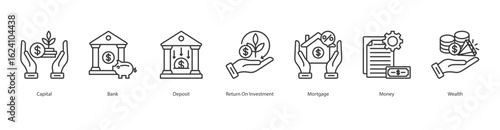 Asset Growth banner web icon set vector illustration concept with icon of capital, bank, deposit, return on investment, mortgage, money, wealth