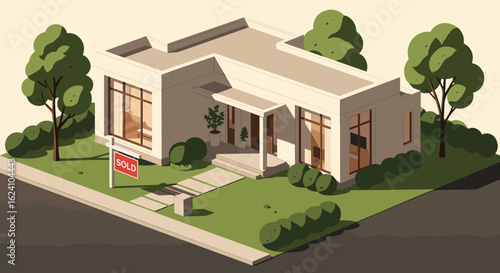 Isometric view of a modern house with a sold sign in the yard and trees around the property shown