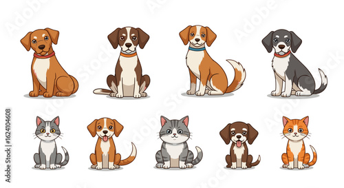 Illustration of an assortment of cartoon dogs and cats sitting with different colors and markings