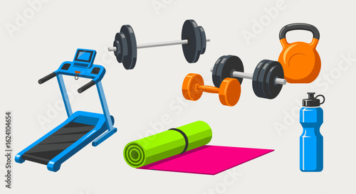 Illustration of fitness equipment including a treadmill dumbbells kettlebell yoga mat and water bottle